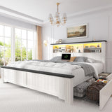 EnHomee King Size Bed Frame and Headboard & Storage, 4 Drawers and LED Built in Charging Station King Bed Frame with Storage Farmhouse,NO Noise,No Box Spring Needed,White