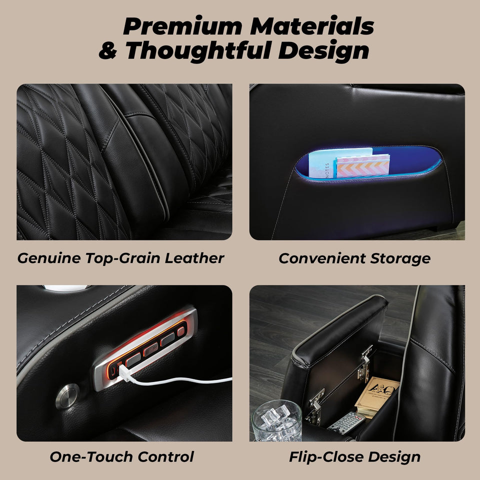 Signature Design by Ashley Boyington Contemporary Leather Match Power Reclining Sofa with USB Charging Ports, LED Lights and Adjustable Headrest, Light Gray