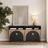 BELLEZE 65 Inch Fluted Buffet Cabinet with Storage, Symmetrical Arc Accent Sideboard Large Console Table for Dining Room, Kitchen, and Living Room (Caramel Brown)