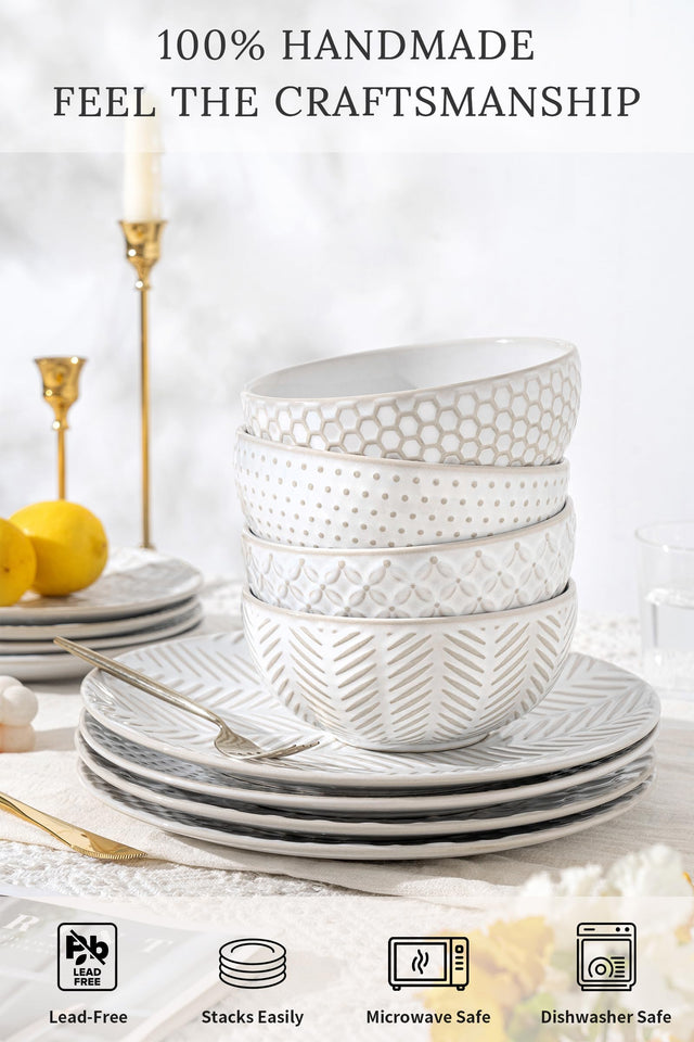 FOBENTA 24 Piece Dinnerware Sets for 8, Premium Stoneware Plates and Bowls Sets, Microwave & Dishwasher Safe, Elegant Dishes for Entertaining & Special Occasions – A Stunning Gift for Large Families