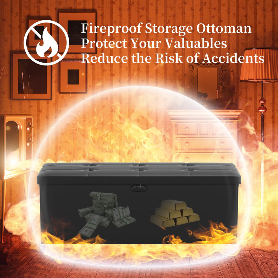 DocSafe Storage Ottoman with Lock,Fireproof Folding Ottoman Foot Rest Stool Storage Chest with Storage Safe for Important Documents,Waterproof 17 Inches Short Ottoman Foot Stool with Handles,Black