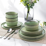 GBHOME Ceramic Dinnerware Sets for 8, 24 Pieces Stoneware Plates and Bowls Sets, Scratch Resistant Dishes, Dishwasher & Microwave Safe, Reactive Glaze-Green Wheat