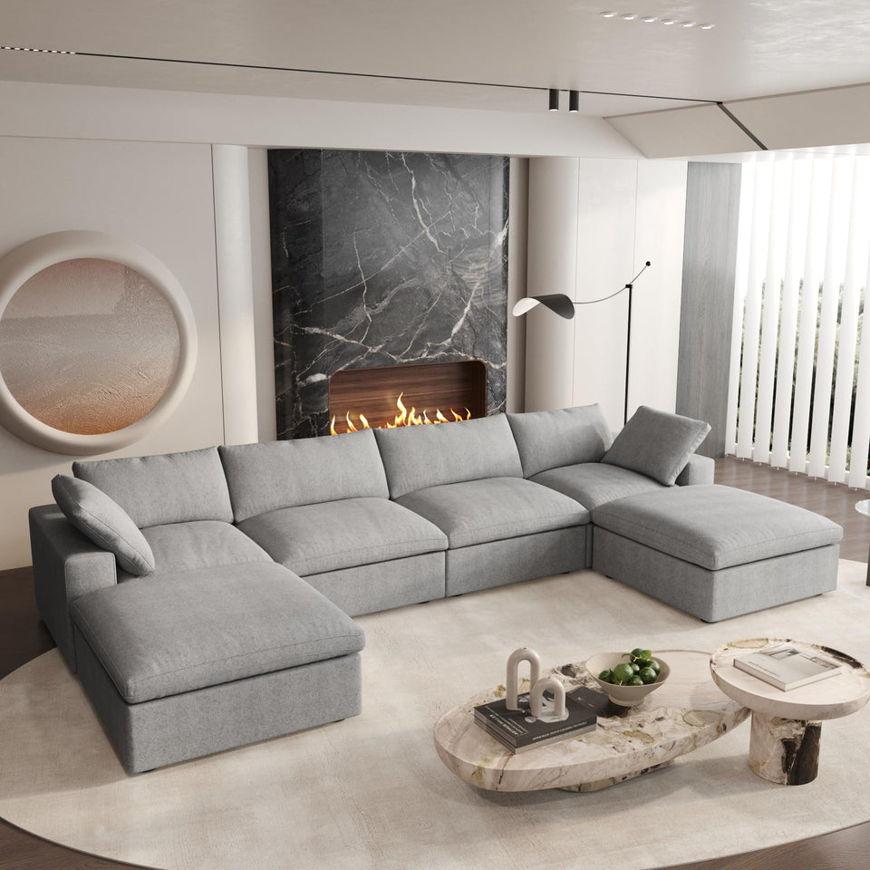 160.6" Cloud Couch Modular Sectional Sofa for Livingroom,Oversized Convertible Sofa with Storage Ottomans,6 Seat Wide Couches,Cushion Covers Removable (Khaki, 6 Seater)