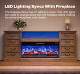 Huuger Fireplace TV Stand with LED Lights for 75 Inch TV, 3-Side Glass Fireplace Entertainment Center, 70 Inch Farmhouse Television Stands Stand with 4 Deep Drawers for Living Room, Brown