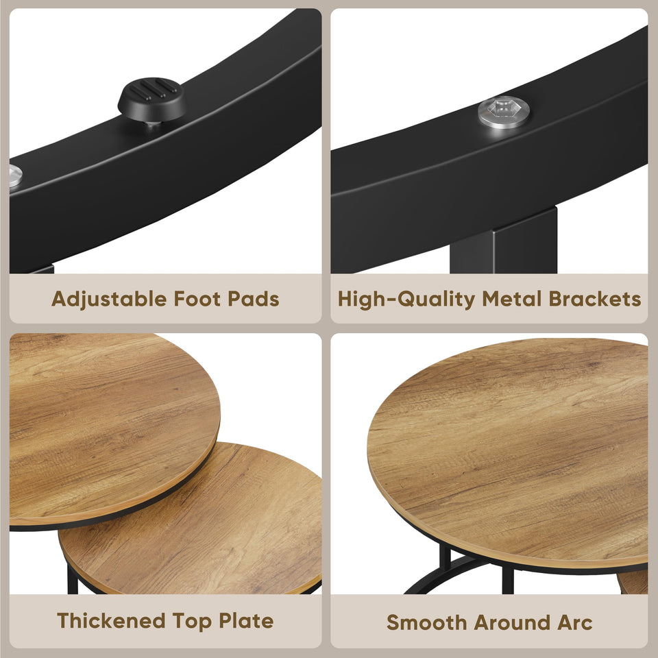 Smuxee Nesting Coffee Table Set of 2, 23.6" Round Coffee Table Wood Grain Top with Adjustable Non-Slip Feet, Industrial End Table Side Tables for Living Room Bedroom Balcony Yard