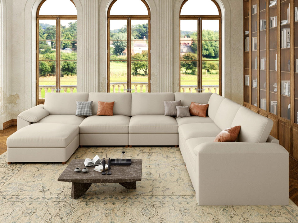 EASE MOOSE Leather Sectional Couch, Oversized Modular Sectional Sofas, Wide Deep Seat Modular Couch, Scratch Resistant Faux Leather Material, L Shaped Sofa for Big Spaces,Beige