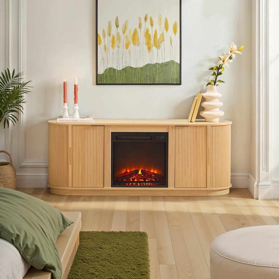 Walker Edison Chloe Reeded TV Stand with Fireplace Insert, 75 Inch, 70 Inch, Coastal Oak