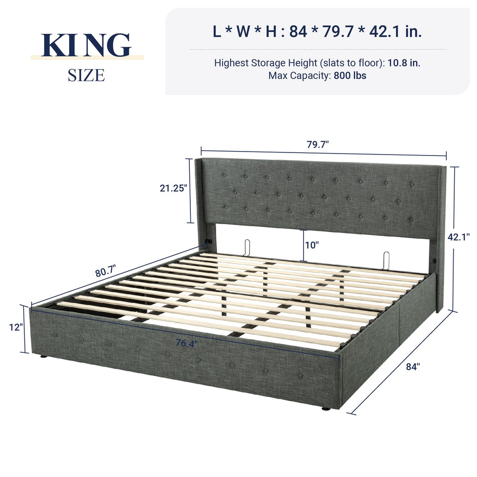 Allewie King Size Lift Up Storage Bed, Modern Wingback Headboard, Hydraulic Support, No Box Spring Needed, Light Beige