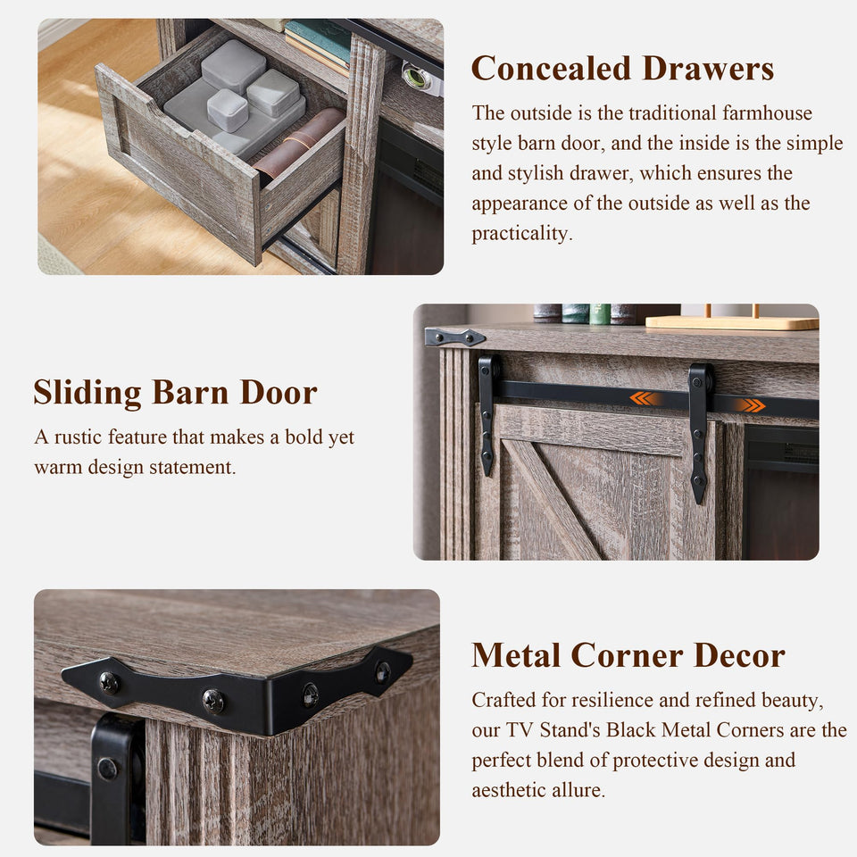 JXQTLINGMU Farmhouse TV Stand for 75+ Inch TV, 32" Tall Entertainment Center w/4 Drawers & Sliding Barn Door, Rustic Media Console w/Storage Shelves, 66" Wood Television Stand for Living Room, Brown