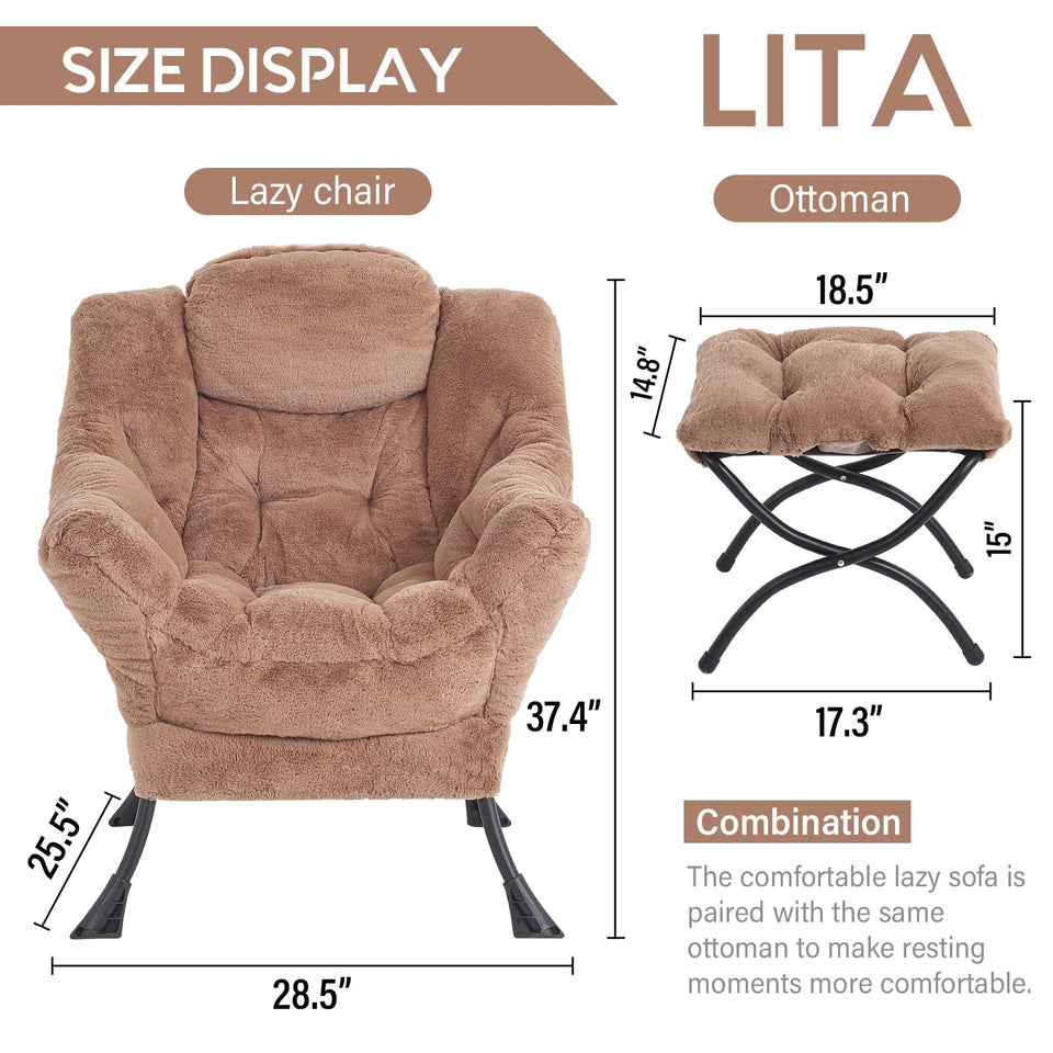 LITA Lazy Chair with Ottoman, Modern Accent Leisure Upholstered Lazy Sofa Armchair, Contemporary Lounge Reading Chair with Armrests and a Side Pocket for Living Room, Bedroom & Small Space, Dark Grey