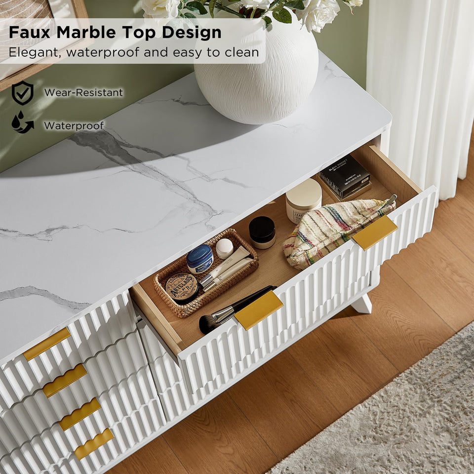 T4TREAM Fluted 7 Drawers Dresser, 54" Wide Modern Chest of Drawers with Faux Marble Top, Curved Profile Design, Dresser TV Stand, Wood Drawer Organizer for Bedroom, Living Room, Hallway, Natural Oak