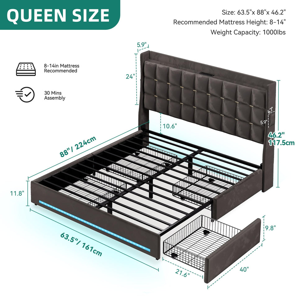 YITAHOME King Size Bed Frame with 4 Drawers and RGB LED Lights, Velvet Upholstered Platform Bed with Charging Station and Storage Headboard, No Box Spring Needed, Easy Assembly, Noise-Free, Black