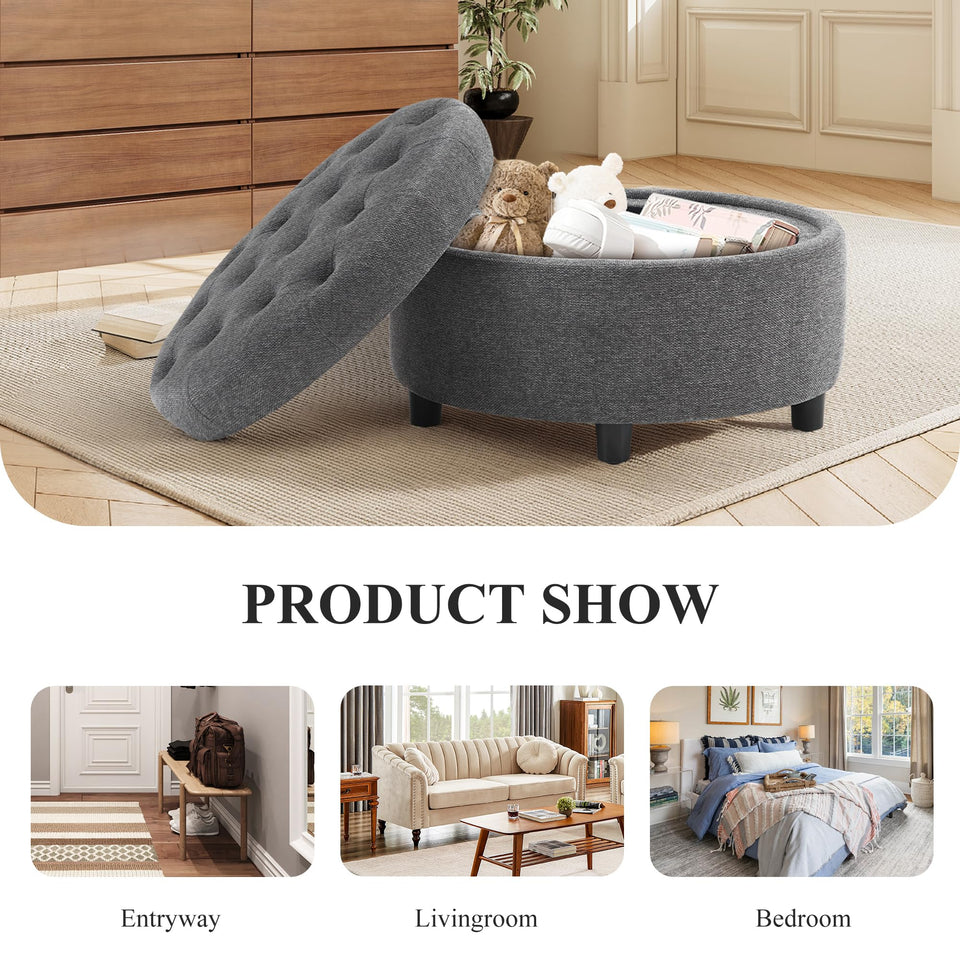 COLAMY Fabric Round Storage Ottoman with Reversible Tray Lid – Multi-Functional Footrest, Hidden Storage, Sturdy & Stylish Small Coffee Table for Living Room, Bedroom, or Entryway(Beige)