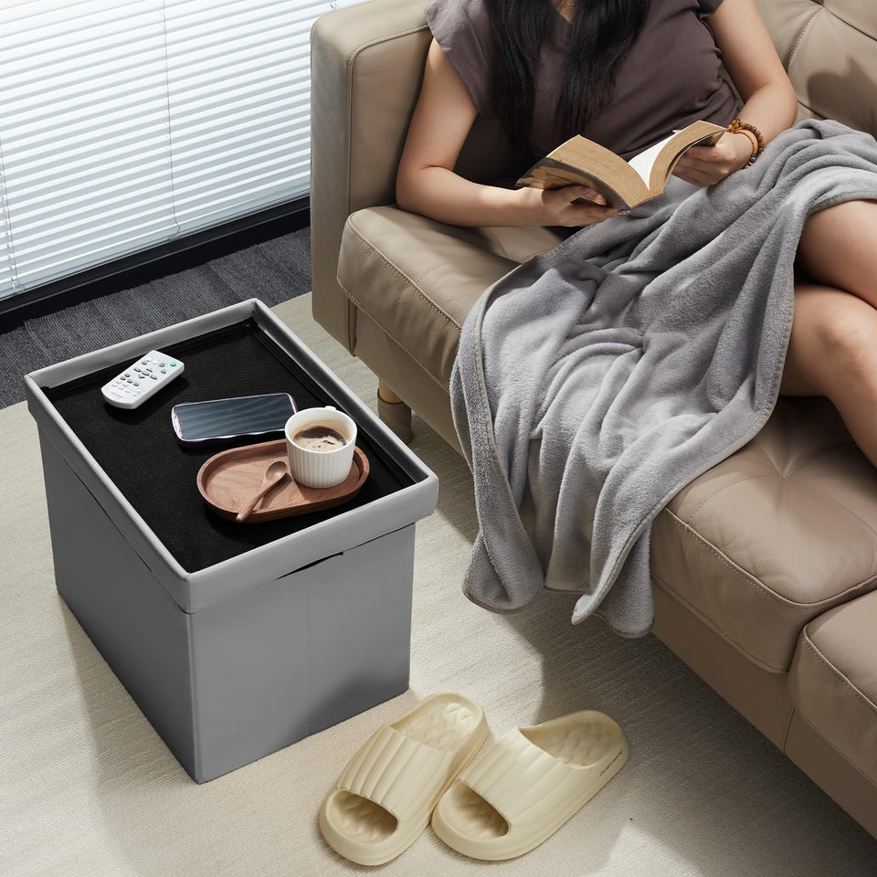 AmasSmile Storage Ottoman Folding Foot Rest Stool, Leather Footstool Bench, Short Ottoman Stool, Storage Foot Rest Store, Books (Black, 17" D x 13" W x 13" H)