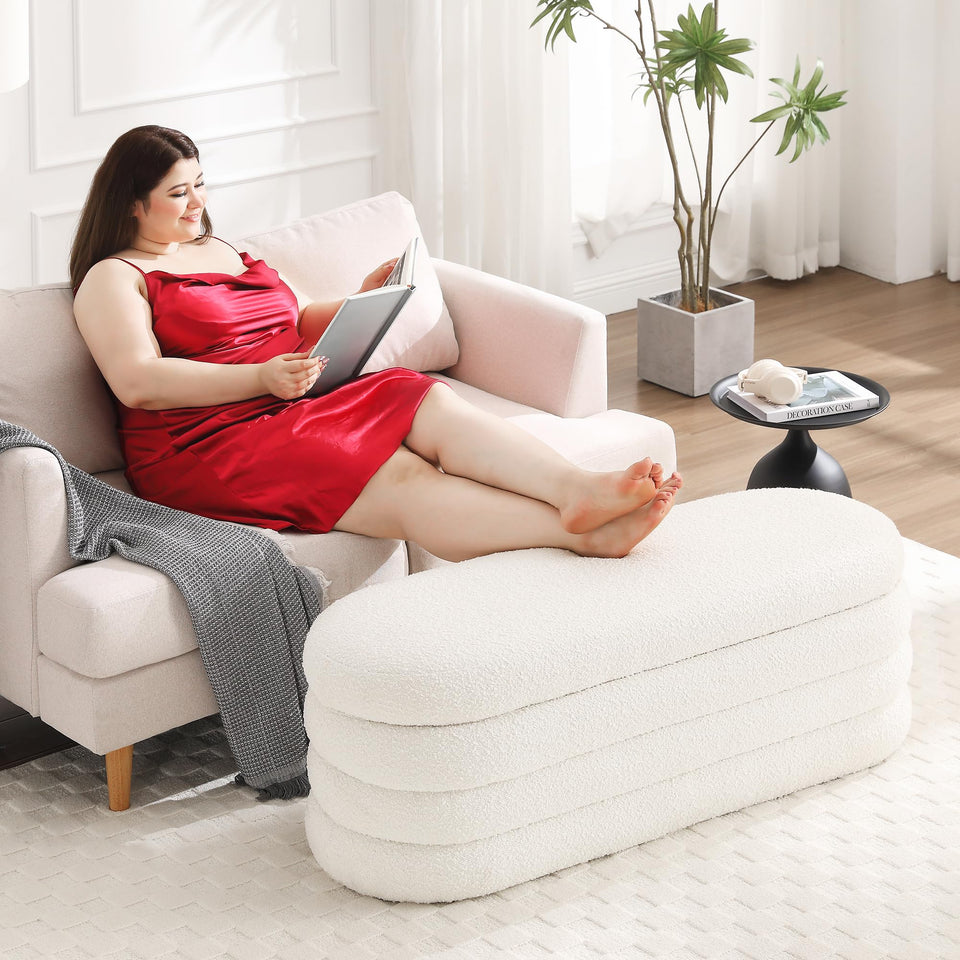 Busaurus Storage Ottoman Bench 49.2 Inch Upholstered Fabric Storage Bench for Bedroom End of Bed Aesthetic Large Oval Ottoman for Living Room Entryway (Ivory)