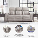 Signature Design by Ashley Boyington Contemporary Leather Match Power Reclining Sofa with USB Charging Ports, LED Lights and Adjustable Headrest, Light Gray