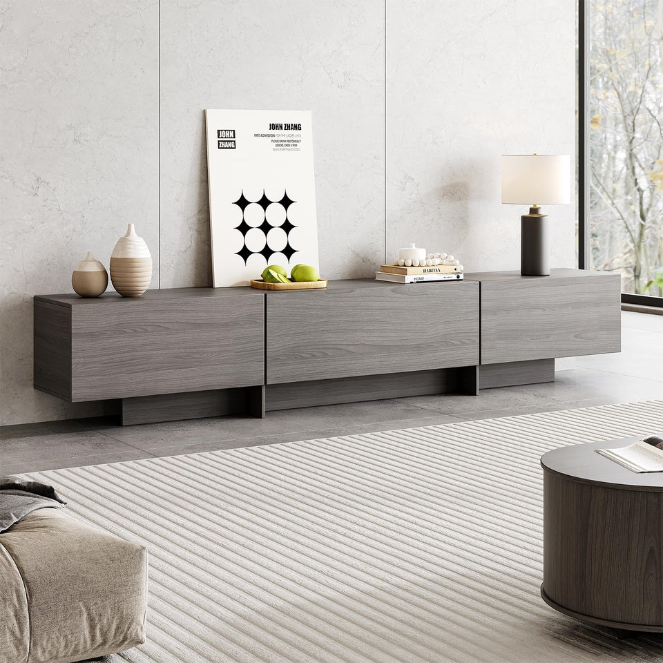 UKAOCAI 86.61'' Tambour TV Stand for 55-85 Inch, Modern Entertainment Center with Large Storage Cabinet & Open Shelves, TV Console with Sliding Doors for Living Room, Bedroom, Natural