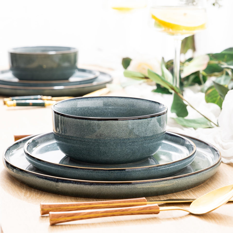 GBHOME Ceramic Dinnerware Sets for 8, 24 Pieces Stoneware Plates and Bowls Sets, Scratch Resistant Dishes, Dishwasher & Microwave Safe, Reactive Glaze-Green Wheat