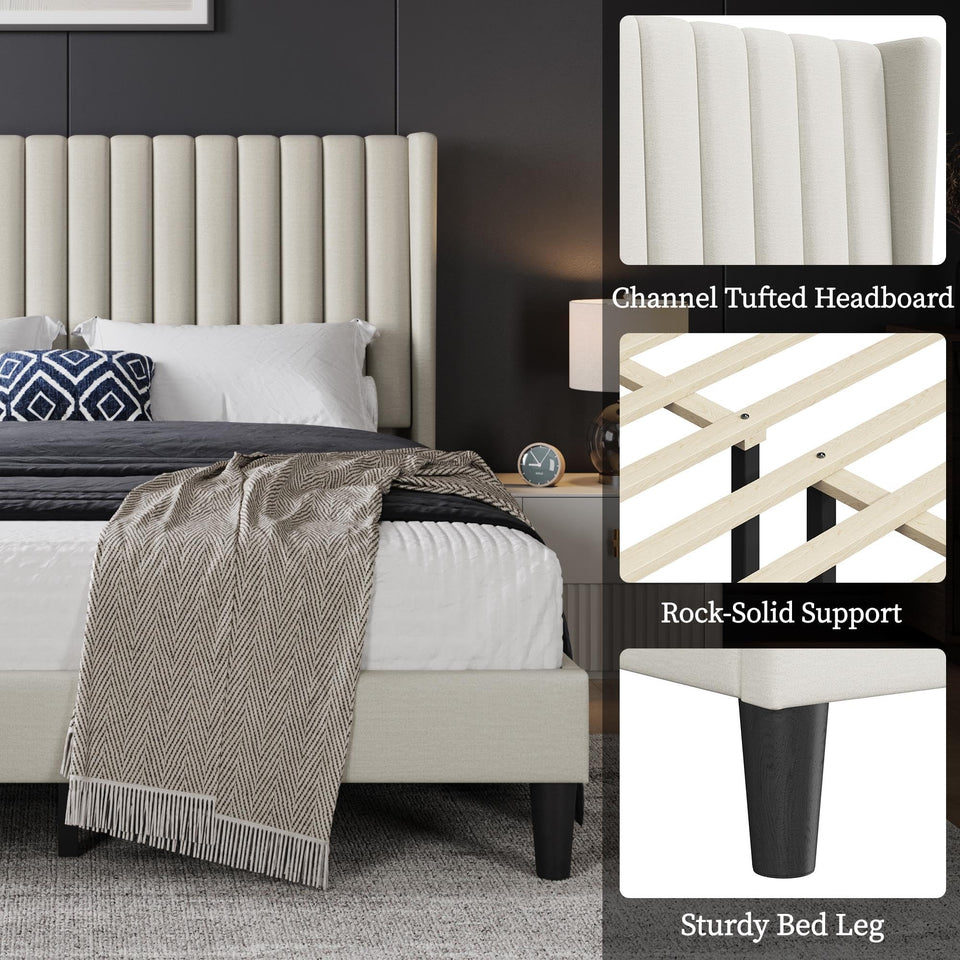 Yaheetech King Bed Frame Upholstered Platform Bed with Fabric Headboard, Wing Edge Design/Non-Slip and Noise-Free/Wooden Slats Support/No Box Spring Needed/Easy Assembly, Ivory King Bed