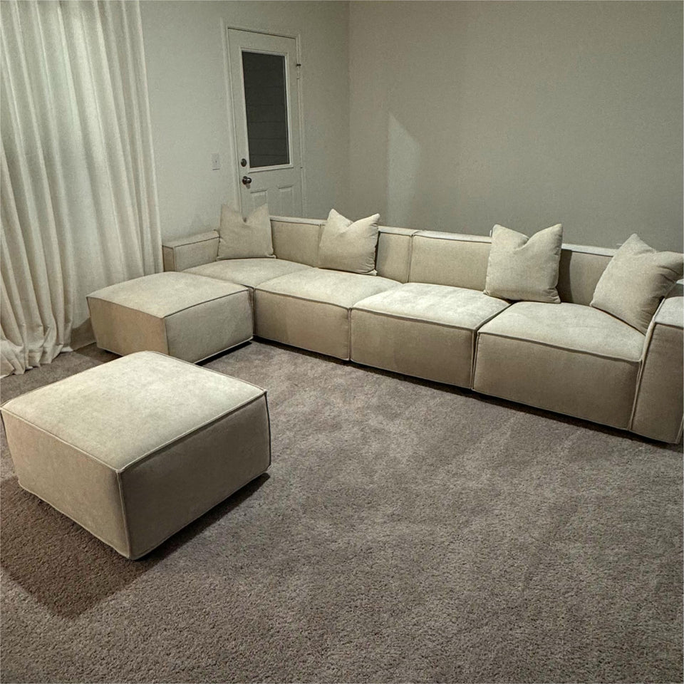 Acanva Luxury Modular Sectional Living Room Sofa Set, Modern Minimalist Style Couch with Ottoman and Chaise, L-Shape, Linen-Like Cream