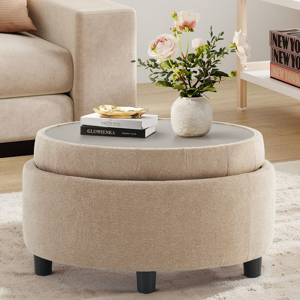 COLAMY Fabric Round Storage Ottoman with Reversible Tray Lid – Multi-Functional Footrest, Hidden Storage, Sturdy & Stylish Small Coffee Table for Living Room, Bedroom, or Entryway(Beige)
