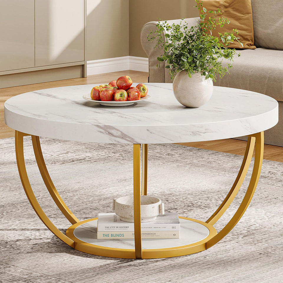 Tribesigns Round Coffee Table, 31.7" Wooden 2-Tier Circle Coffee Table with Storage Shelves, Modern Accent Cocktail Table Center Table for Living Room, Rustic Brown