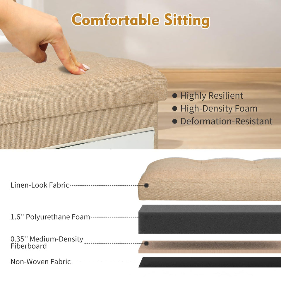 Storage Ottoman with Extra Thick Foam Padded Seat, Foldable Foot Rest Stool with Linen Fabric, 43L Ottoman with Storage Bench for Bedroom Living Room, Holds Up to 300lbs, 17x13x13in, Dark Gray