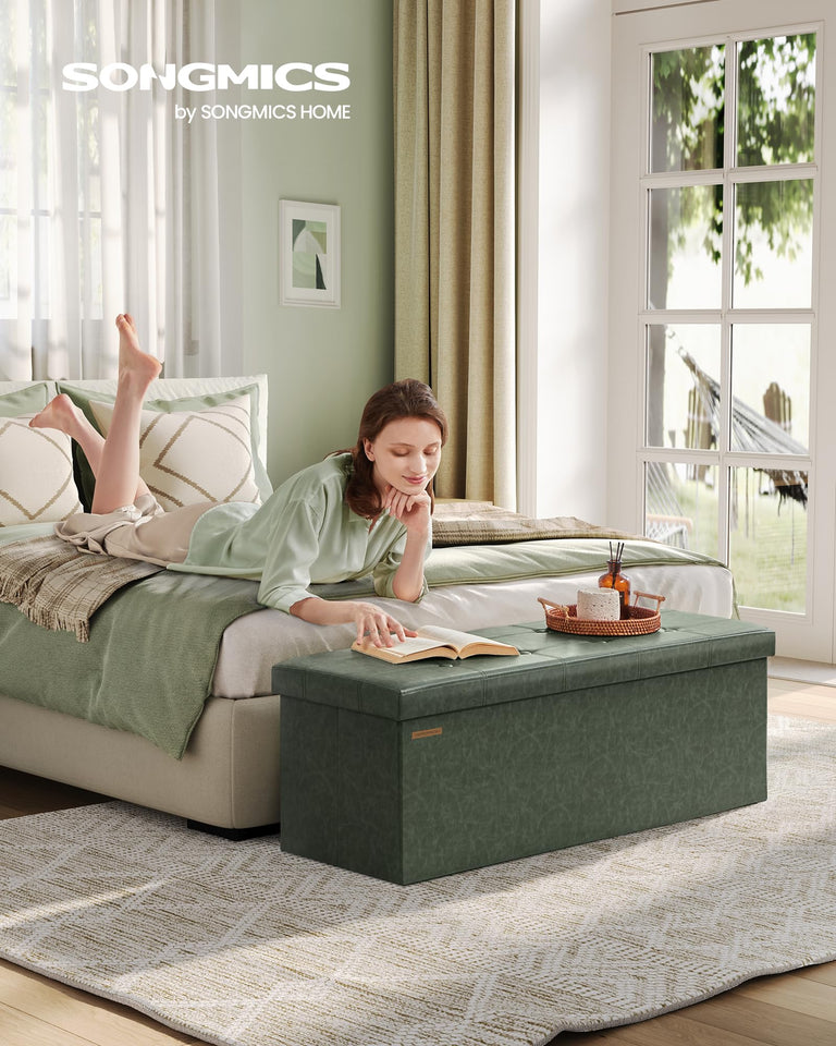 SONGMICS MAZIE Collection - 43 Inches Folding Storage Ottoman Bench, Ottoman with Storage, Foot Rest Stool, Load 660 lb, for Living Room, Synthetic Leather, Black ULSF701
