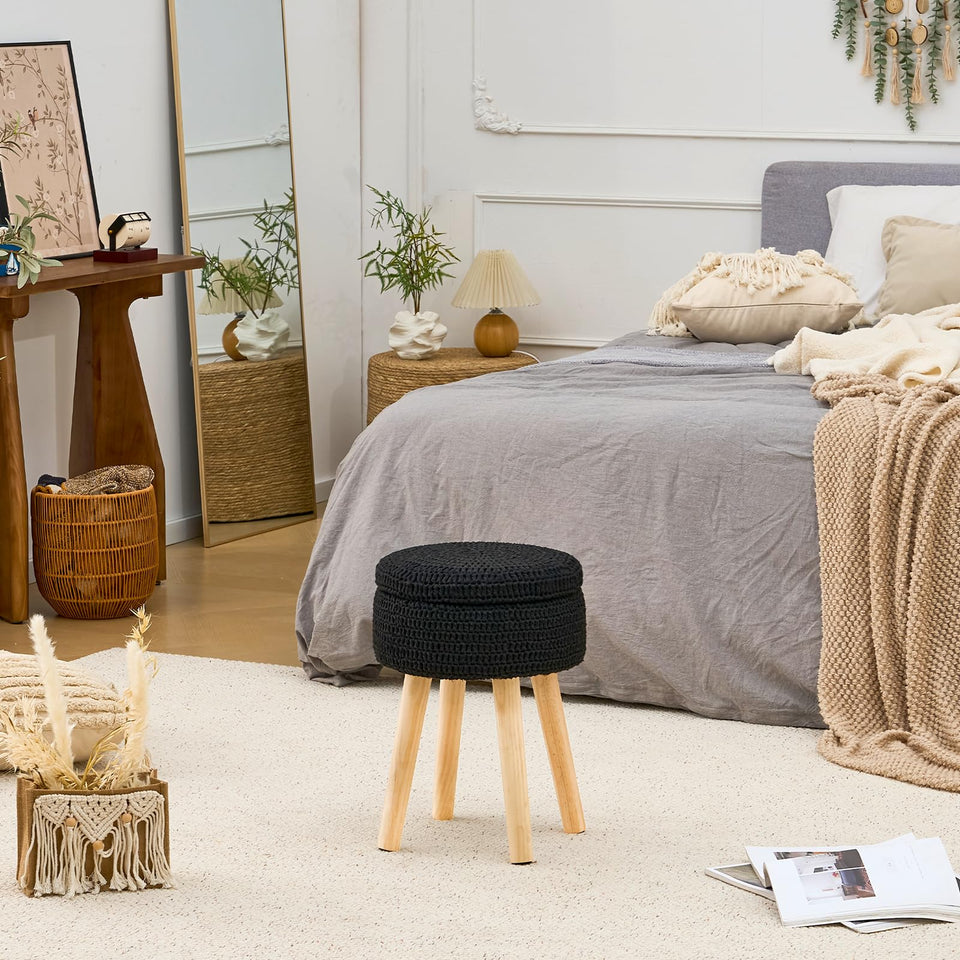 Wimarsbon Pouf Ottoman, 100% Cotton Knitted Boho Footstool, Round Footrest with Non-Skid Wood Legs, Home Décor Handmade Pouffe, Leisure Floor Step Stool for Living Room (Beige)