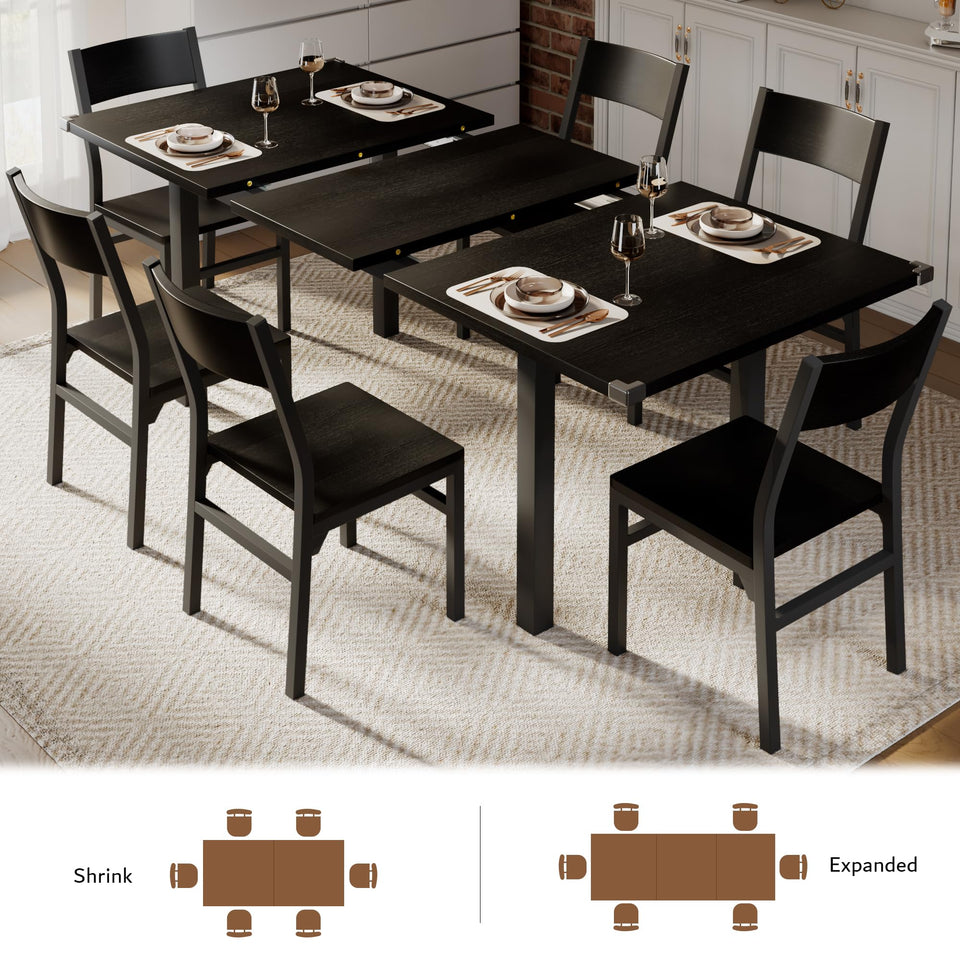 iPormis 7-Piece Dining Table Set with 6 Chairs, 63" Extendable Kitchen Table & Chairs Set for 4-6, Dining RoomTable with Solid Metal Frame & MDF Board, Perfect for Small Space, Easy Assembly, Walnut