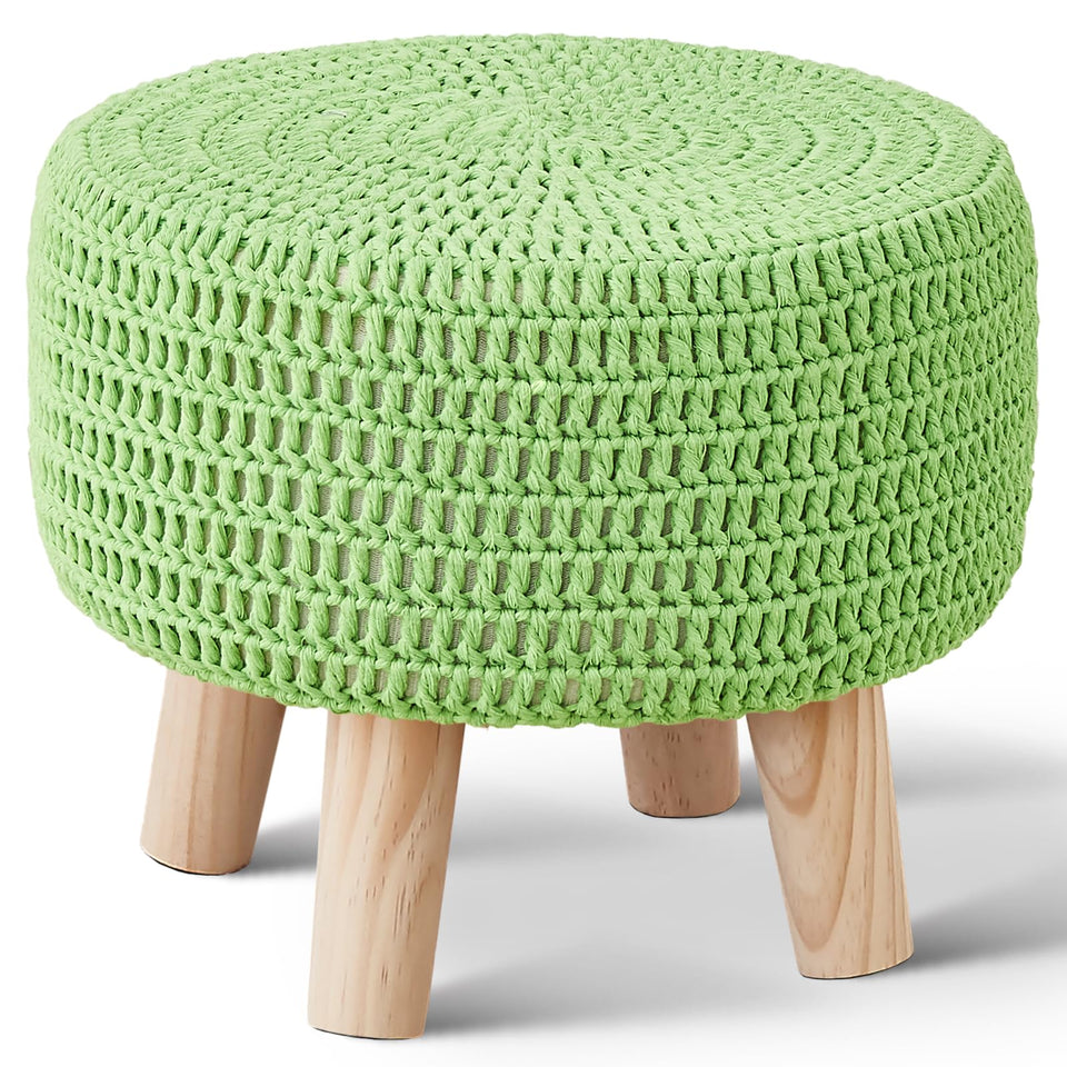Wimarsbon Pouf Ottoman, 100% Cotton Knitted Boho Footstool, Round Footrest with Non-Skid Wood Legs, Home Décor Handmade Pouffe, Leisure Floor Step Stool for Living Room (Beige)