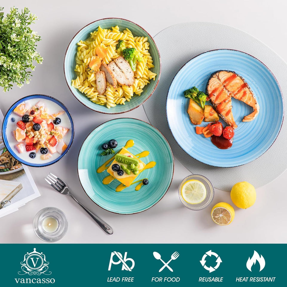 vancasso Bonita Dinnerware Set 24 Pieces Blue Stoneware Service for 6, Handpainted Spirals Pattern Stoneware Combination Set