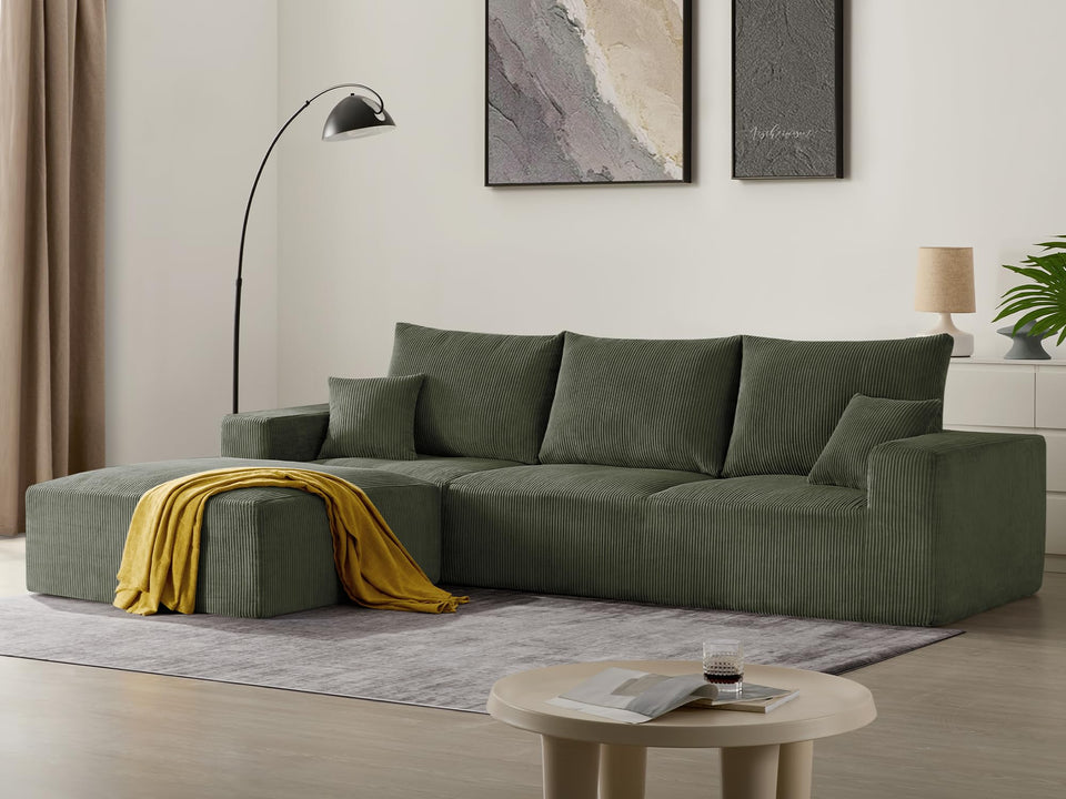 Sectional Cloud Boneless Sofa Couches for Living Room-113'' Beige 3 Seater U-Shaped Modern Lounge Couch-No Assembly Modular Corduroy Convertible Sponge Sleeper Sofas with Chaise for Home House