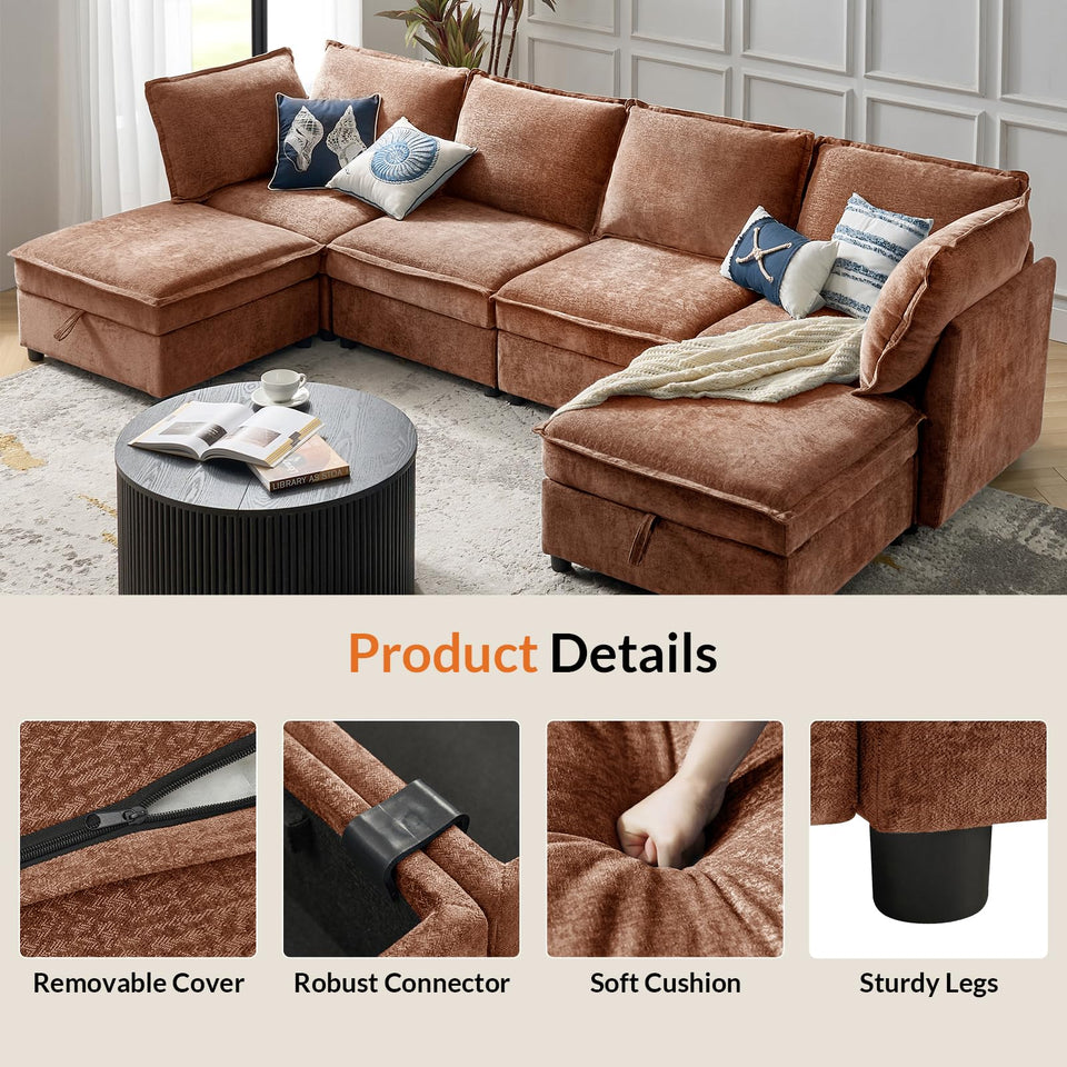 HULALA HOME 127'' Modular Sectional Sofa, Oversized U Shaped Couch with Storage Ottoman, Comfy Chenille Sofa with Deep Seat, 6 Seat Convertible Couches for Living Room, Beige