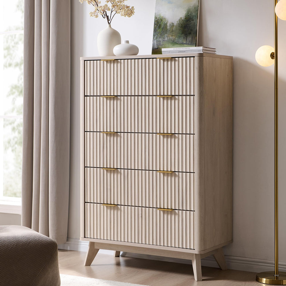 T4TREAM Fluted 7 Drawers Dresser, 54" Wide Modern Chest of Drawers with Faux Marble Top, Curved Profile Design, Dresser TV Stand, Wood Drawer Organizer for Bedroom, Living Room, Hallway, Natural Oak