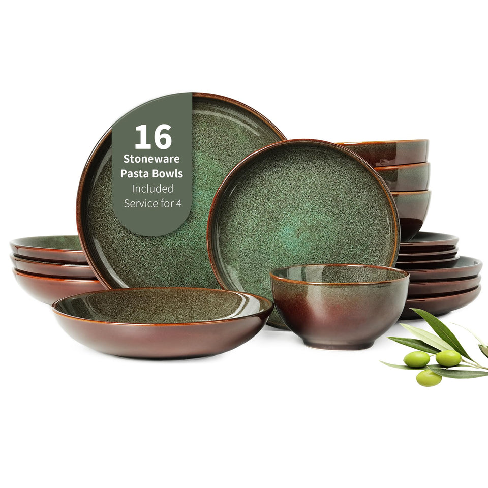 Pokini 24 Piece Dinnerware Sets for 8, Modern Stoneware Plates and Bowls Setst, Perfect for Family Gatherings & Holiday Celebrations, Easy Cleaning Dishes Set, Stack Compactly Dishware, Brown Green