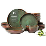 Pokini 24 Piece Dinnerware Sets for 8, Modern Stoneware Plates and Bowls Setst, Perfect for Family Gatherings & Holiday Celebrations, Easy Cleaning Dishes Set, Stack Compactly Dishware, Brown Green