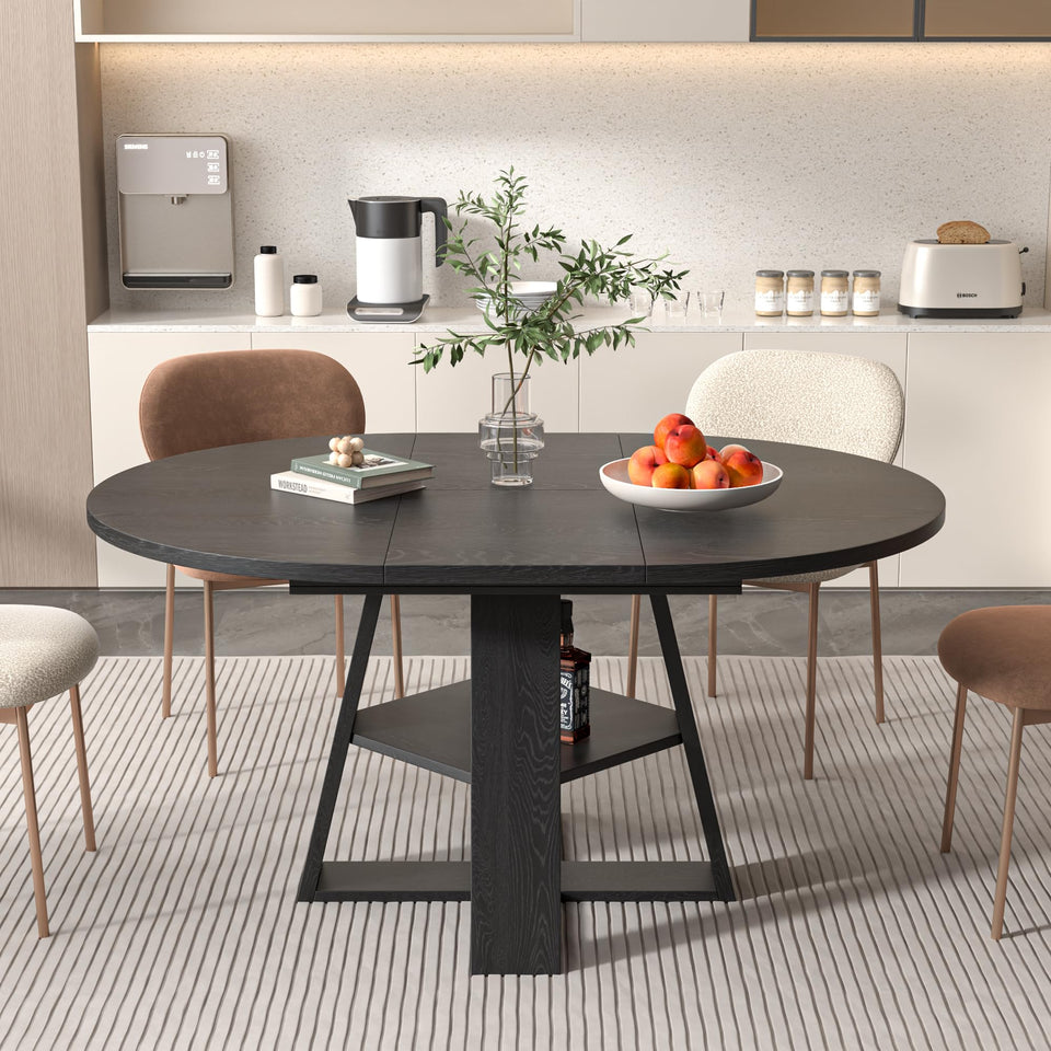 43.3in-59in Extendable Round Dining Table for 4-8,Modern Kitchen Oval Dining Table with Removable Leaves Space Saving,Wood Base with Storage Shelf for Kitchen Living Room (Walnut)