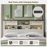 Farmhouse King Size Bed Frame with 54" Tall Storage Bookcase Headboard, Wood Platform Bed Frame with 2 Drawers & 18" Tall Roman Column Decoration Footboard, No Box Spring Needed(Antique White)