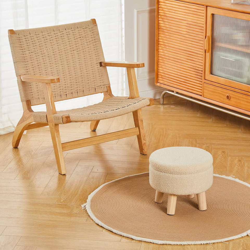 Wimarsbon Storage Ottoman, Modern Round Footrest with Soft Padded Seat, Teddy Velvet Footstool with Wood Legs, Accent Small Table or Plant Stand for Hallway, Living Room (Cream)