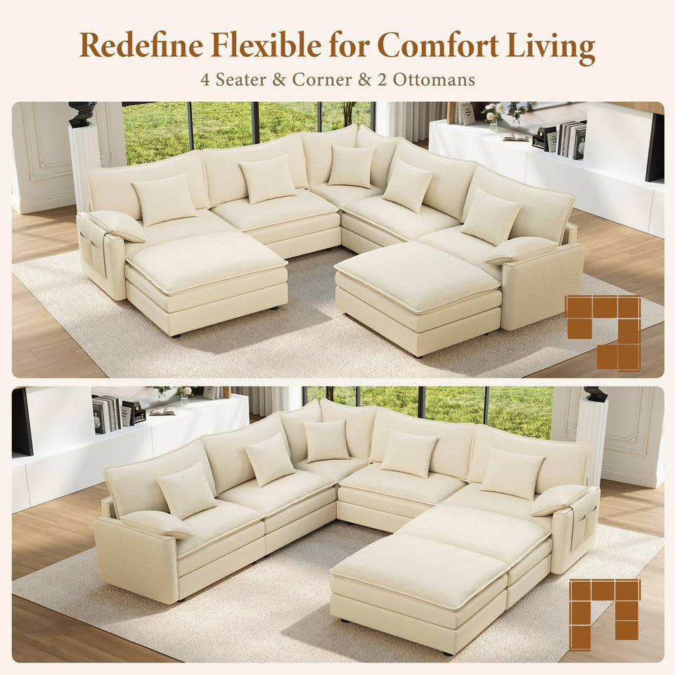 Vesgantti 142" U Shaped Sectional Couch, Comfy Cloud Modular Sectional Sofa with 2 Ottoman Deep Seat Chenille Modern Cloud Sofa, Modular Sofas for Living Room, Bedroom and Apartment, Beige