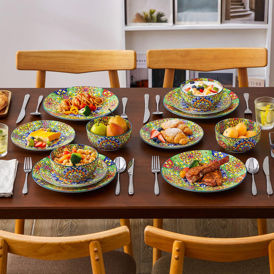 vancasso 24 Pieces Dinnerware Sets, Plates and Bowls Set, Porcelain Dishes Set for 6, Microwave and Dishwasher Safe, Scratch Resistant, Bohemian Style Dining Ware Service for 6, Series SIMI