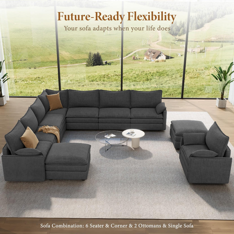 Vesgantti 142" U Shaped Sectional Couch, Comfy Cloud Modular Sectional Sofa with 2 Ottoman Deep Seat Chenille Modern Cloud Sofa, Modular Sofas for Living Room, Bedroom and Apartment, Beige