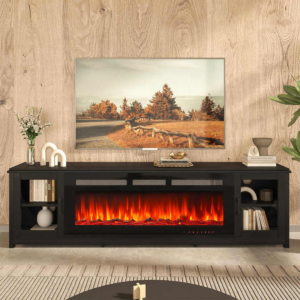 oneinmil 80" Fireplace TV Stand, 50 Inch Electric Fireplace & Modern Entertainment Center, TV Console with Adjustable Shelf & Glass Door for TVs Up to 90", Fire Place TV Stands for Living Room, Black
