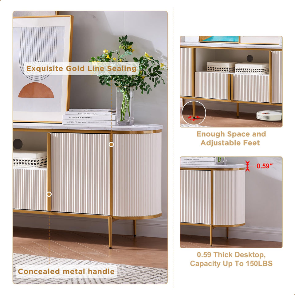 OKD Luxury 70" Fluted TV Stand, Modern Chic Entertainment Center for TVs Up to 80 inches, TV Console with Faux Marble Top, Curved Profile Design, Media Console for Living Room, Natural Oak