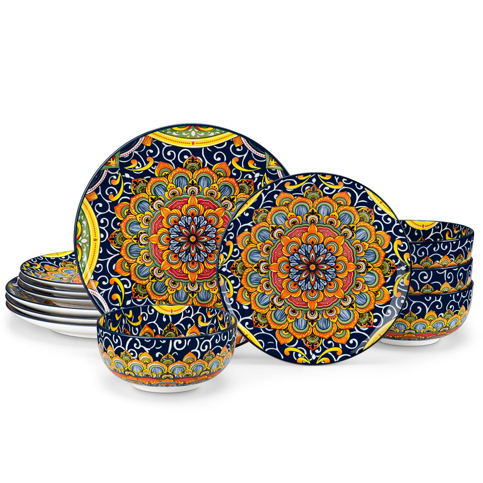 vancasso 24 Pieces Dinnerware Sets, Plates and Bowls Set, Porcelain Dishes Set for 6, Microwave and Dishwasher Safe, Scratch Resistant, Bohemian Style Dining Ware Service for 6, Series SIMI