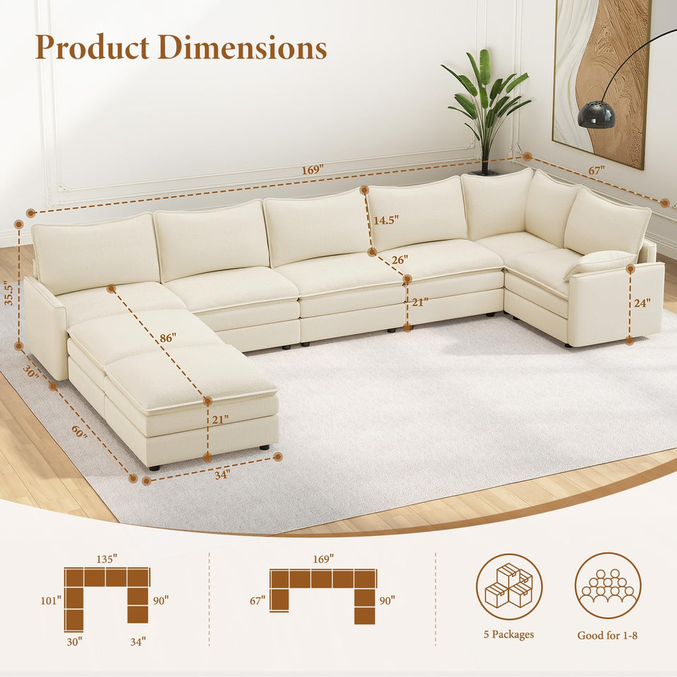 Vesgantti 142" U Shaped Sectional Couch, Comfy Cloud Modular Sectional Sofa with 2 Ottoman Deep Seat Chenille Modern Cloud Sofa, Modular Sofas for Living Room, Bedroom and Apartment, Beige