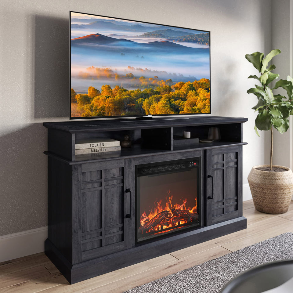 BELLEZE Traditional 58" Rustic TV Stand with 23" Electric Fireplace Heater with Sound, Media Entertainment Center Console Table for TV up to 65" with Open Storage Shelves and Cabinets - Espresso