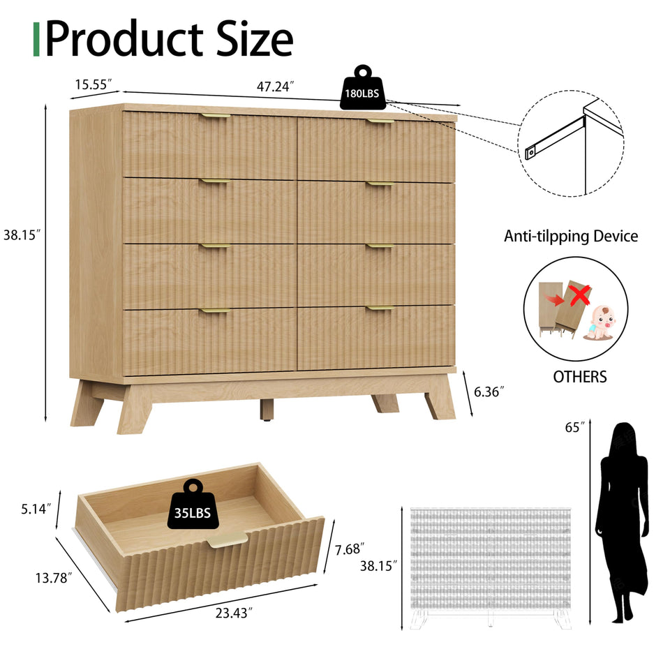 Fluted Dresser for Bedroom with 9 Drawers, 57" Wide Modern Chest of Drawers with Metal Handle, Wooden Dresser TV Stand, Wood Closet Clothes Storage Organizer for Living Room, Hallway, Natural Oak