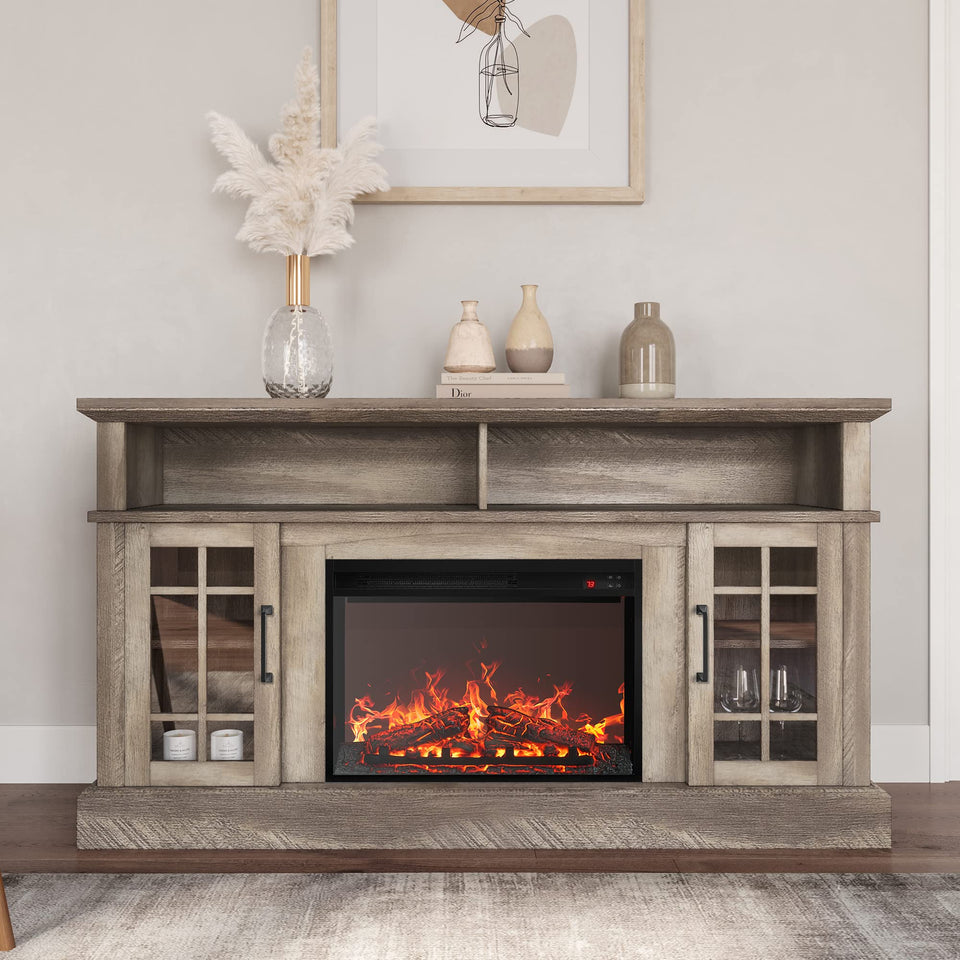 BELLEZE Traditional 58" Rustic TV Stand with 23" Electric Fireplace Heater with Sound, Media Entertainment Center Console Table for TV up to 65" with Open Storage Shelves and Cabinets - Espresso